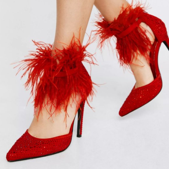 NWOT Nasty Gal Highheels Feather Trim Court Heels size 8 - Picture 1 of 5